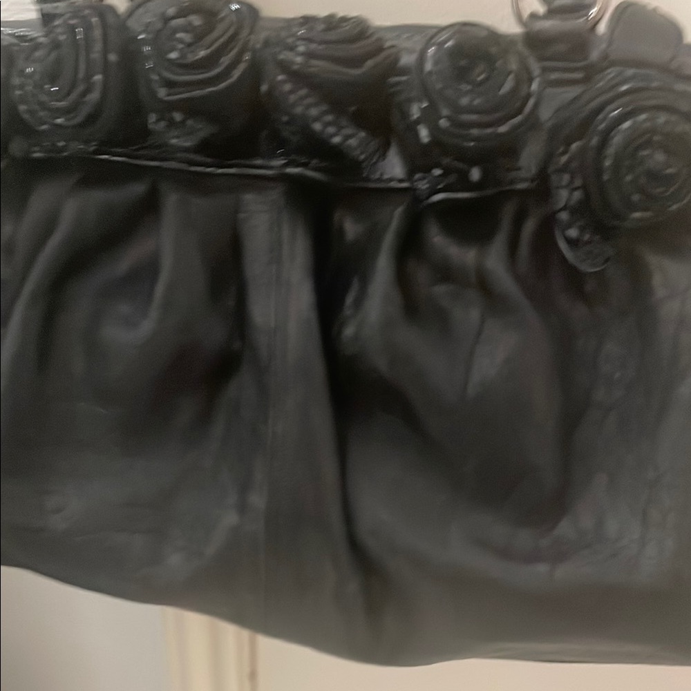 Black Leather Clutch with Floral Detail